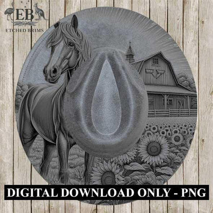 Horse & Sunflowers 1, Farm Horse Design, Laser Hat Burning Design, Digital Download PNG, Hat Burning Template, Wide Brim Hat File, EB183