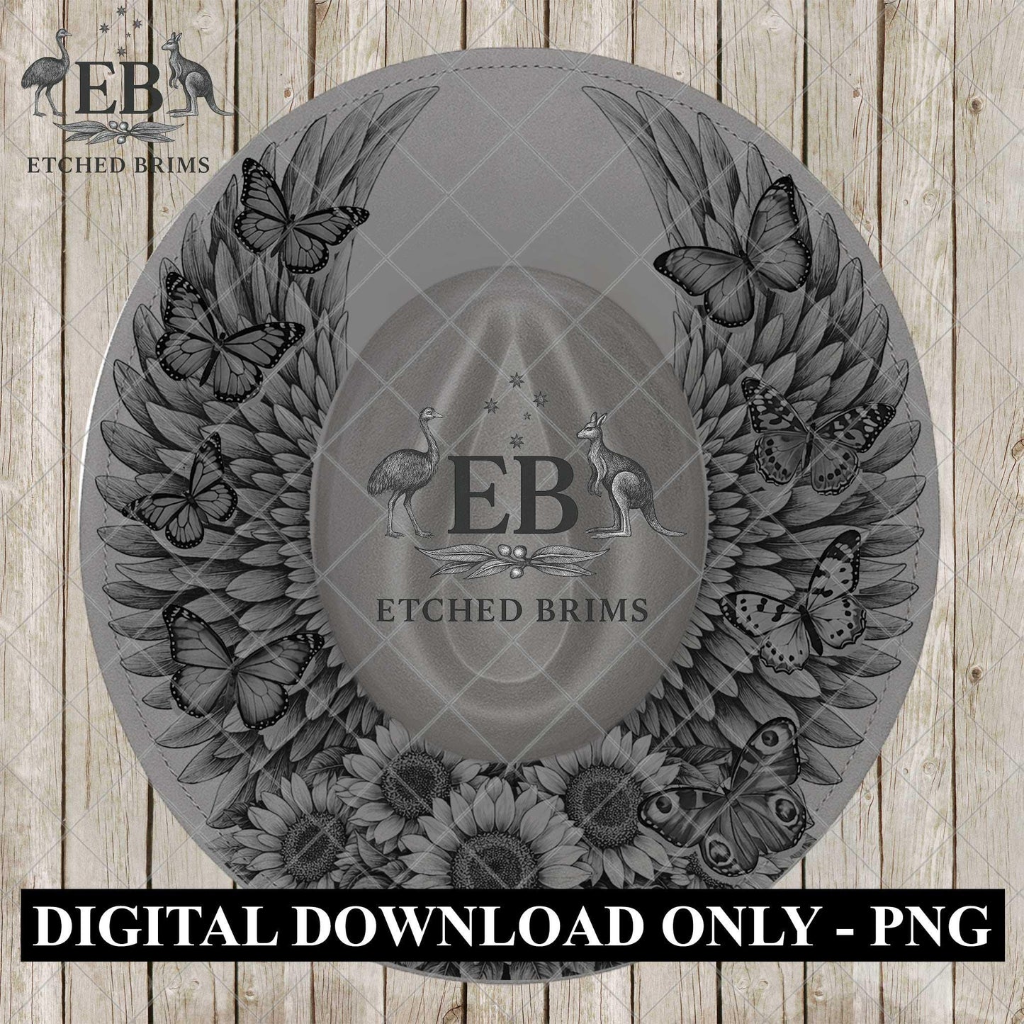 Wings Sunflowers Butterflies, Hat Burning Design, Digital Download PNG, Wide Brim Template, Hat Engraving Design, EB1166A