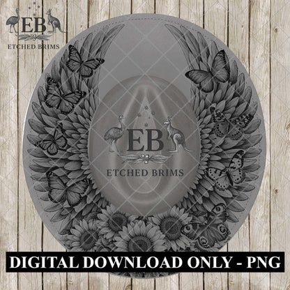 Wings Sunflowers Butterflies, Hat Burning Design, Digital Download PNG, Wide Brim Template, Hat Engraving Design, EB1166A
