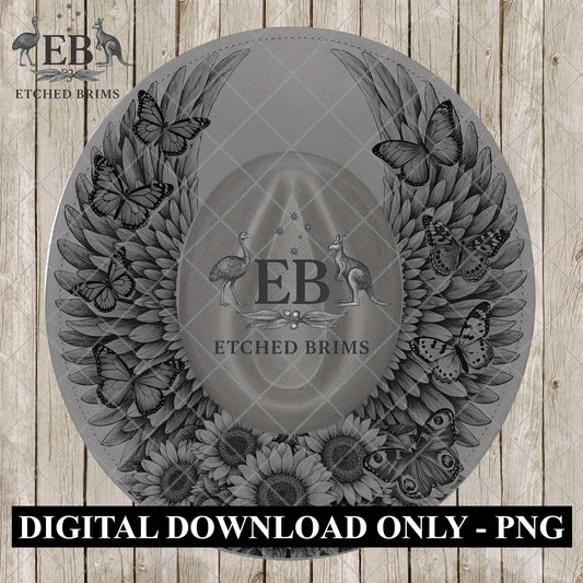 Wings Sunflowers Butterflies, Hat Burning Design, Digital Download PNG, Wide Brim Template, Hat Engraving Design, EB1166A
