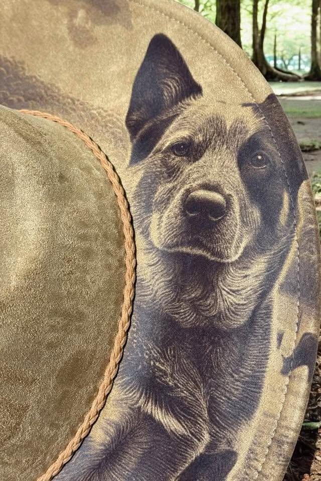 The Drovers Mate – Laser Engraved Cattle Dog Brim Hat, Wide Brim Hat, Vegan Suede Fedora Hat, Laser Engraved, Cowboy Hat, Burned Fedora