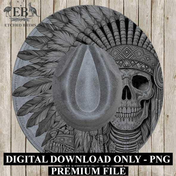 Indian Skull & Feathers 4, Laser Hat Burning Design, Digital Download PNG, Hat Burning Template, Hat Laser Engraving Design, Hat File EB157