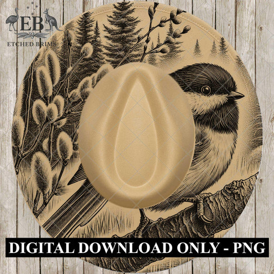 Chickadee Bird, Hat Burning Design for Wide Brim Hats. PNG for Laser Engraving and PDF Burning Stencil for Hand Burning, EB742