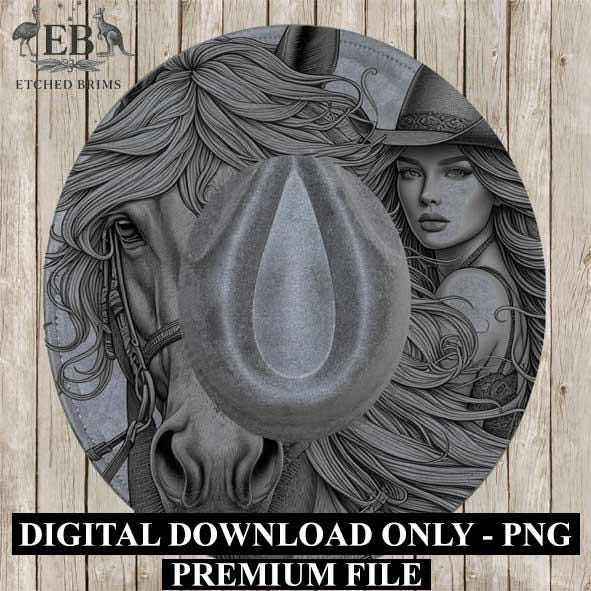 Cowgirl Horse 5, Laser Hat Burning Design, Digital Download PNG, Hat Burning Template, Hat Laser Engraving Design, Wide Brim Hat File EB227