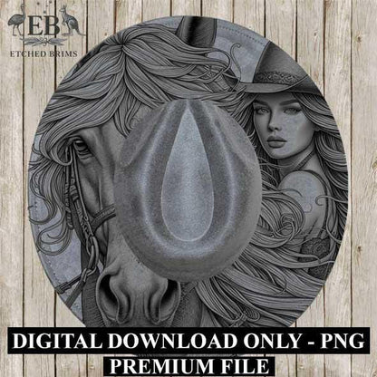 Cowgirl Horse 5, Laser Hat Burning Design, Digital Download PNG, Hat Burning Template, Hat Laser Engraving Design, Wide Brim Hat File EB227