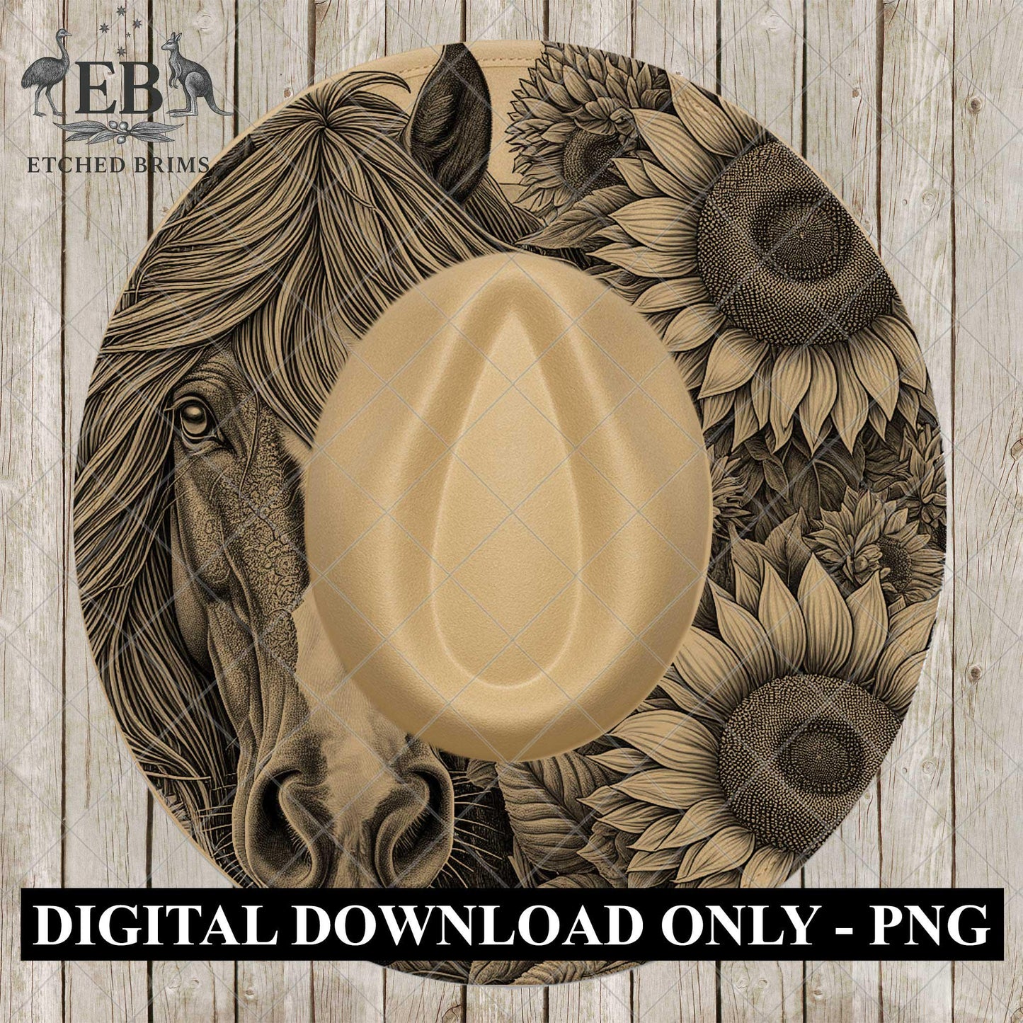 Horse & Sunflowers Hat Design, Rustic Template, Wide Brim Fedora Engraving, Digital Laser Hat Burning Pattern, Pyrography Art, EB1069