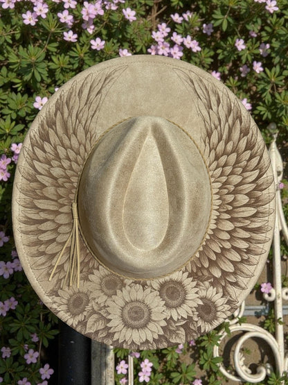 Angel Wings and Sunflowers Hat Burning Designs, Digital Download PNG, Wide Brim Template, Hat Laser Engraving Design, EB1166