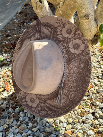 Horse and Western Boots Laser Engraved Hat – Rustic Western Brim | Cowboy Cowgirl Fedora