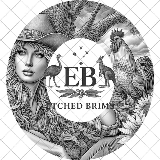 Cowgirl Rooster & Sunflowers, Hat Burning Design, Wide Brim Hat Design, Digital Download PNG, PDF, Hat Burning Template, EB875