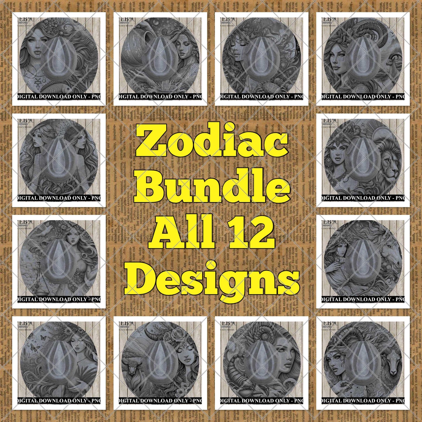 Zodiac Star Signs Hat Burning Templates Bundle. Laser Engraving Designs with PNG & Hat Hand Burning Stencils PDF. 12 Constellations EB303