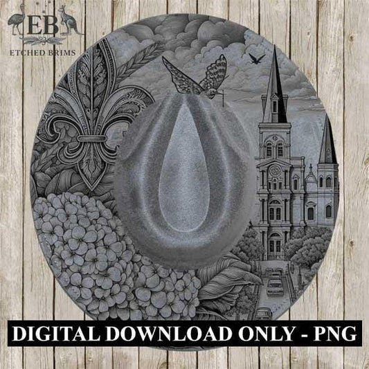 New Orleans 2 Hat Brim SVG, Detailed Laser Engraving Template, Fleur-de-Lis, Cathedral, Flowers, Western Cowboy Hat Design EB185