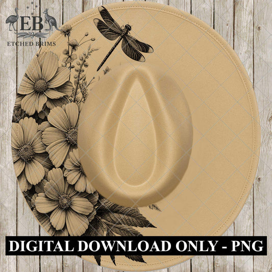 Dragonfly Flowers, Half Hat Burning Design, Hat Engraving Template, Laser Hat Design, Wide Brim Hat, Stencil for Hat Burning, PNG, EB886