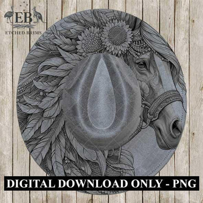 Indian Horse & Feathers 24 Hat Burning Template for Wide Brim Hats. PNG for Laser Engraving and PDF Burning Stencil for Hand Burning, EB557