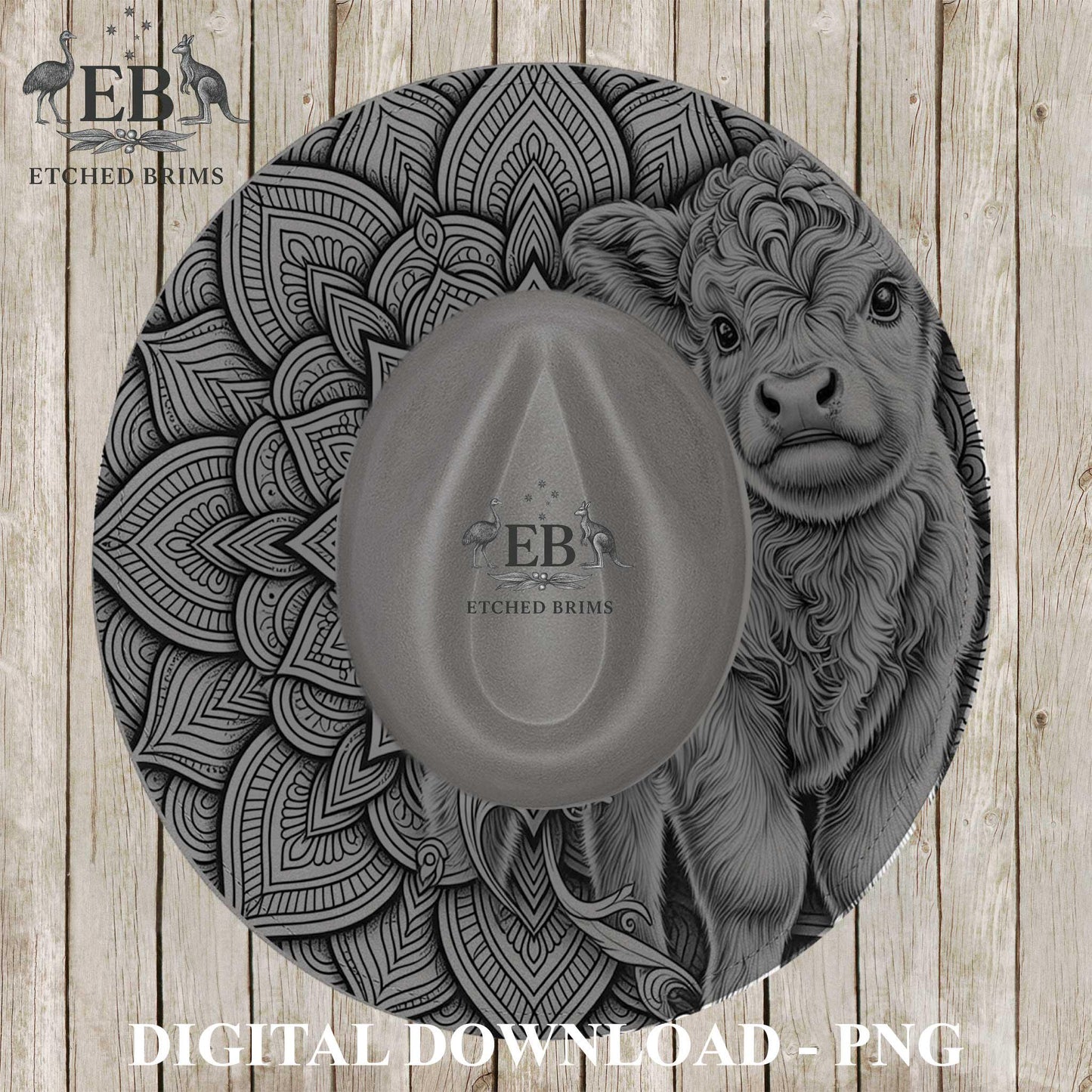 Highland Cow & Mandala, Hat Burning Design, Hat Burning Template, Hat Engraving Design, Wide Brim Hat File, EB1235