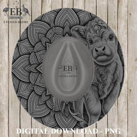 Highland Cow & Mandala, Hat Burning Design, Hat Burning Template, Hat Engraving Design, Wide Brim Hat File, EB1235