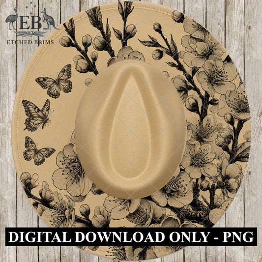 Cherry Blossoms & Butterflies, Hat Burning Design, Wide Brim Fedora, Hat Laser Engraving File, EB1017