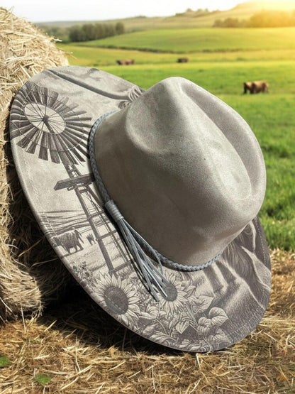 Highland Cow Laser Engraved Hat – Rustic Western Brim with Sunflowers & Windmill | Country Rodeo Cowboy Cowgirl Fedora