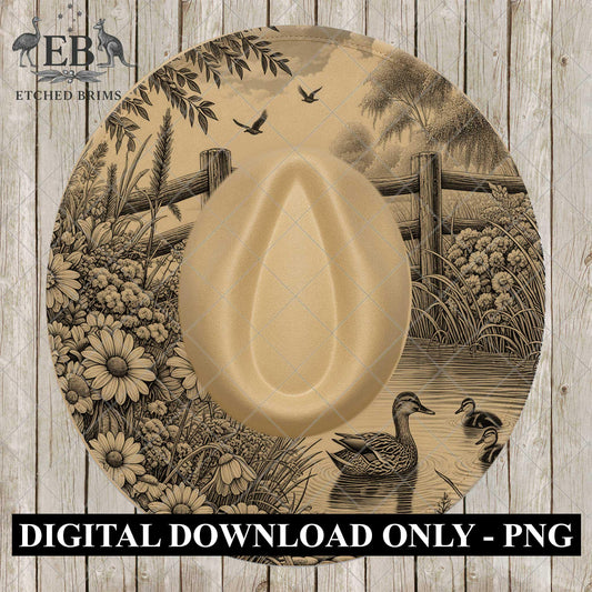 Ducks & Wildflowers, Hat Burning Design, Hat Engraving, Laser File, Wide Brim Hat, Printable Hat Template, EB1052