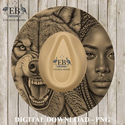Woman of Colour & Wolf Hat Engraving Template, Wide Brim Hat Burning Design, Laser File, Printable Stencil, Pyrography Art, EB1269