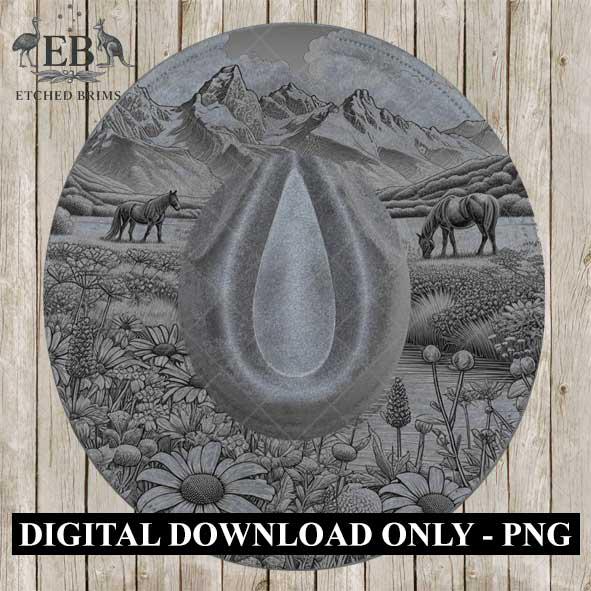 Horse & Wildflowers 3, Hat Burning Template, Hat Burning Stencil, Hat Laser Engraving Design, Wide Brim Hat, Printable Hat Template, EB563