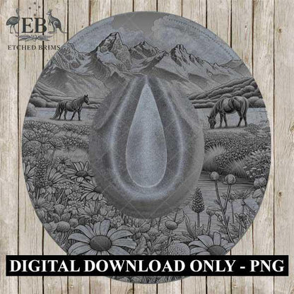 Horse & Wildflowers 3, Hat Burning Template, Hat Burning Stencil, Hat Laser Engraving Design, Wide Brim Hat, Printable Hat Template, EB563