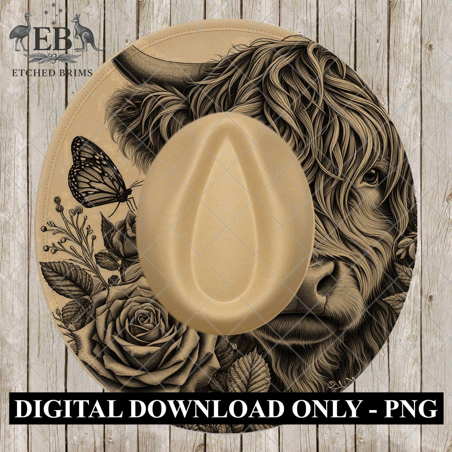 Highland Cow, Butterfly & Roses, Hat Laser Engraving Design, Digital Download PNG, Floral Art, Hat Burning Template, EB1074
