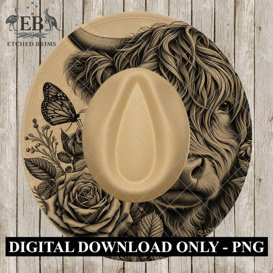 Highland Cow, Butterfly & Roses, Hat Laser Engraving Design, Digital Download PNG, Floral Art, Hat Burning Template, EB1074