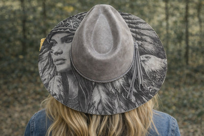 Desert Warrior Queen – Laser Engraved Native Indian Woman & Eagle Hat, Wide Brim Hat, Vegan Suede Fedora Hat, Laser Engraved, Burned Fedora
