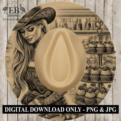 Cowgirl Baker 11 Cupcake Bakery Laser Engraving Template for Hats, Western Cowgirl Tattoo Baker Design, Etched Brims, EB892