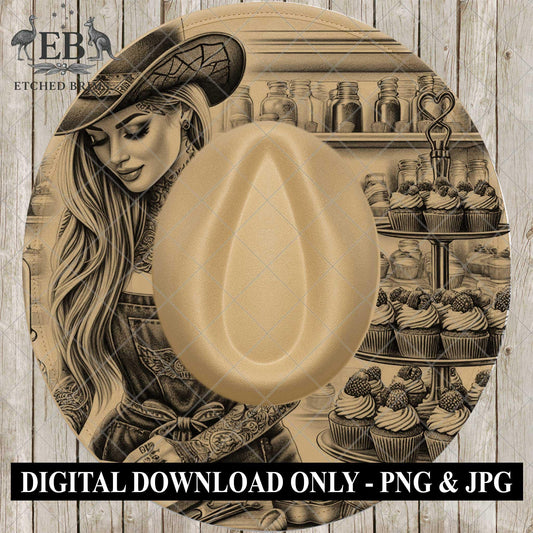 Cowgirl Baker 11 Cupcake Bakery Laser Engraving Template for Hats, Western Cowgirl Tattoo Baker Design, Etched Brims, EB892