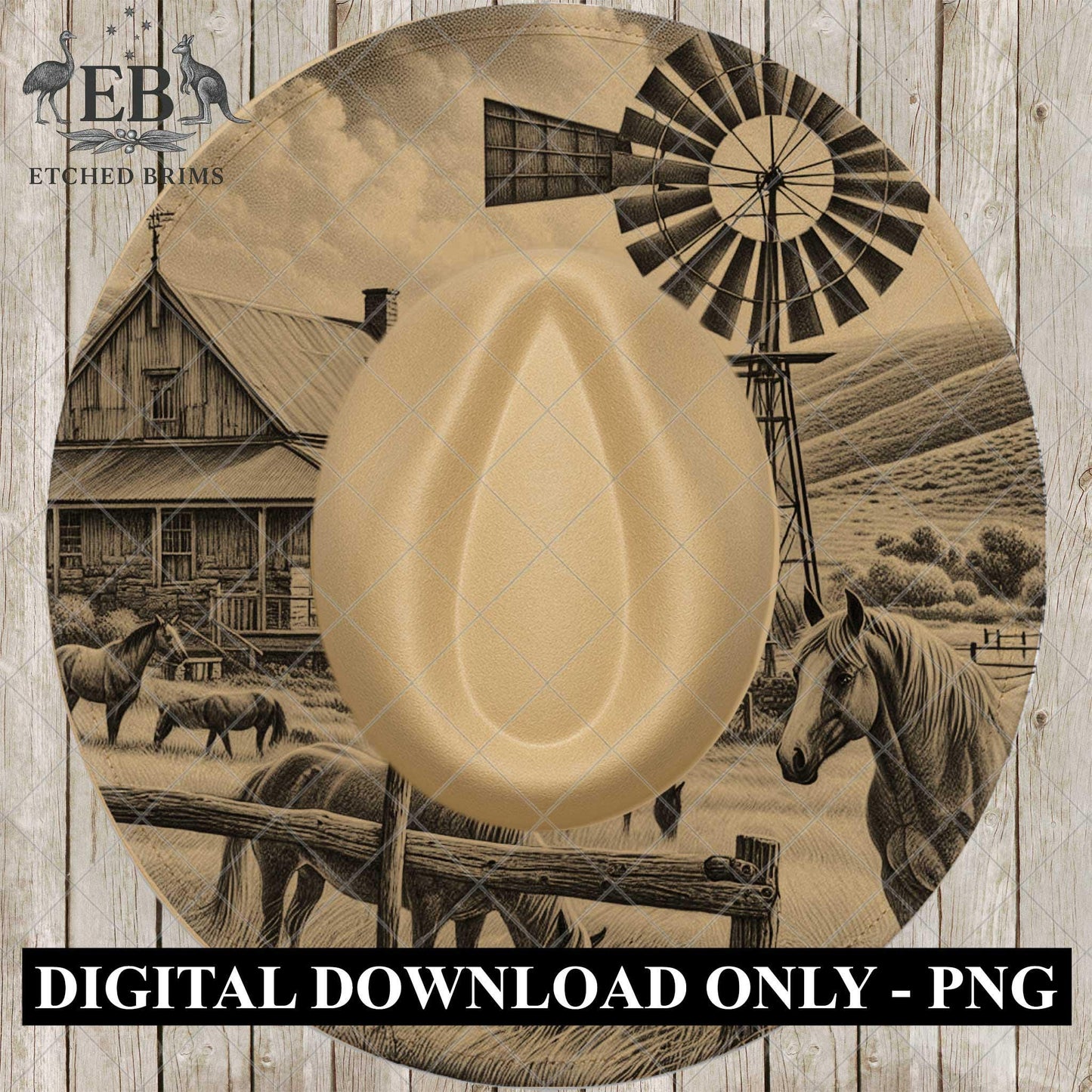 Hat Burning Design, Windmill and Horses, Rural Homestead, Rustic Western Country Farm, Laser Engraving Template for Wide Brim Hat, EB1039