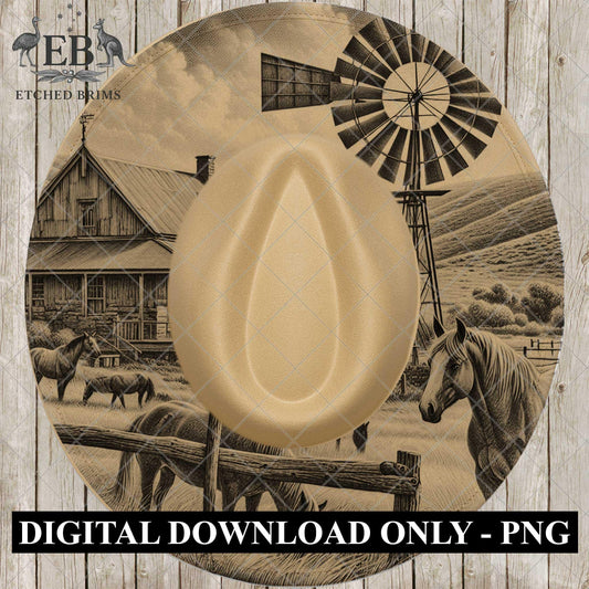 Hat Burning Design, Windmill and Horses, Rural Homestead, Rustic Western Country Farm, Laser Engraving Template for Wide Brim Hat, EB1039
