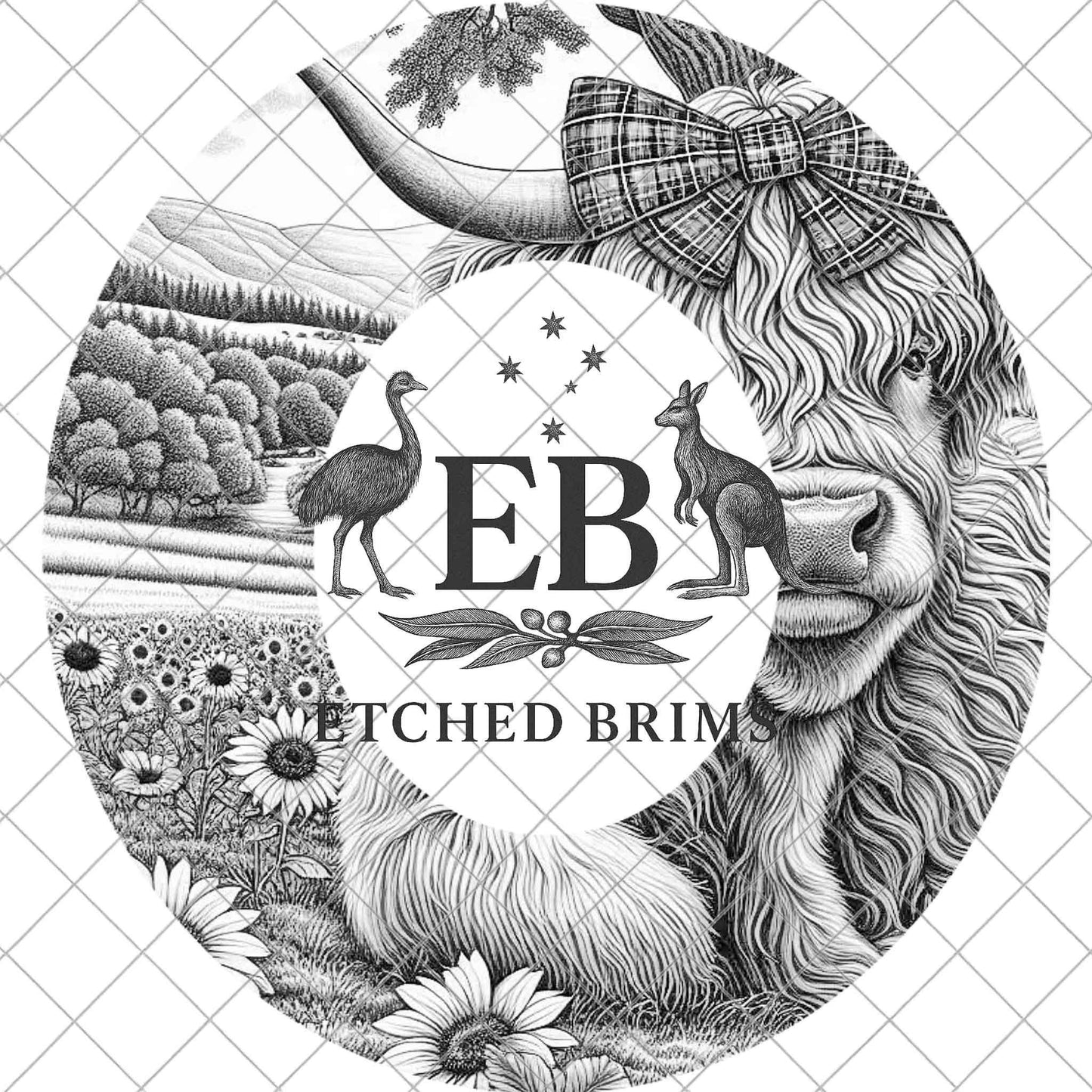 Highland Cow with Bow and Sunflowers, Hat Burning Design, Digital Download PNG, Hat Stencil, Hat Laser Engraving Design, EB1071