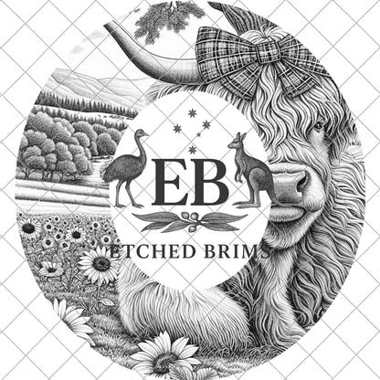 Highland Cow with Bow and Sunflowers, Hat Burning Design, Digital Download PNG, Hat Stencil, Hat Laser Engraving Design, EB1071