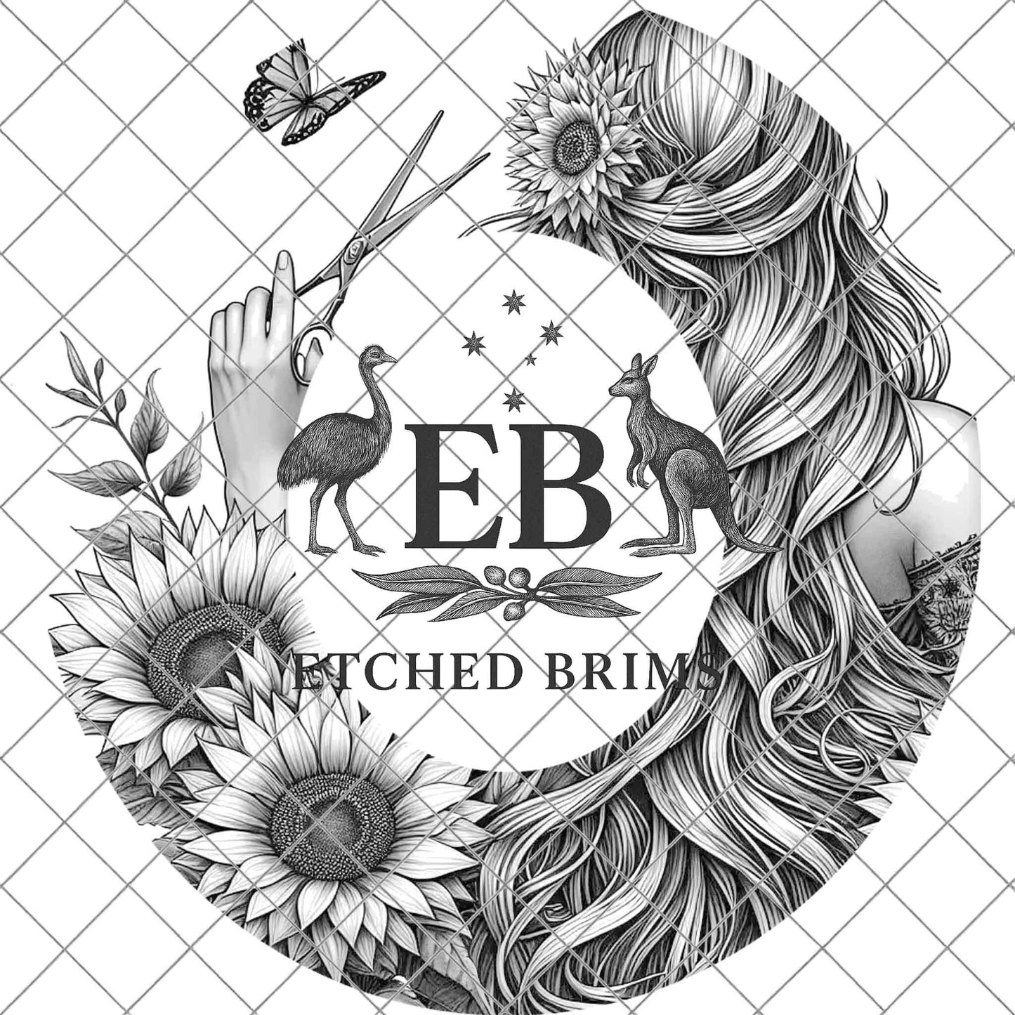 Hairdresser Sunflowers 6 Hat Burning Template for Wide Brim Hats. PNG for Laser Engraving and PDF Burning Stencil for Hand Burning, EB604