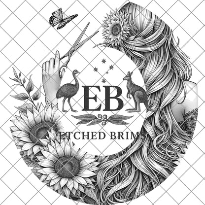 Hairdresser Sunflowers 6 Hat Burning Template for Wide Brim Hats. PNG for Laser Engraving and PDF Burning Stencil for Hand Burning, EB604