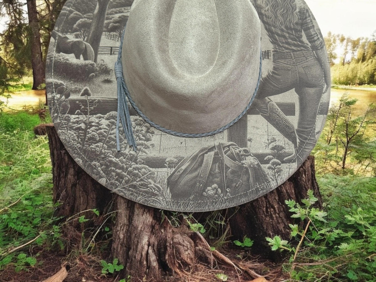 Wanderers View - Laser Engraved Cow Girl Hat with Horse Scene, Wide Brim Hat, Vegan Suede Fedora Hat, Laser Engraved, Burned Fedora