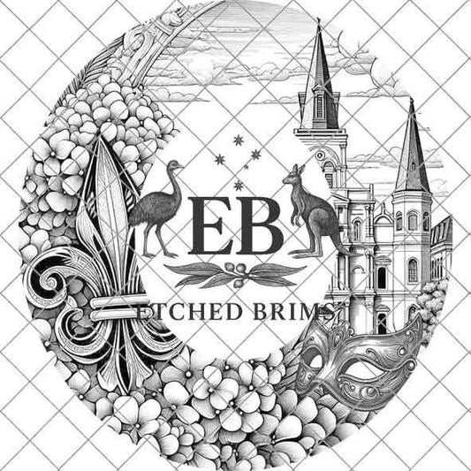 New Orleans with Mask Hat Brim SVG, Detailed Laser Engraving Template, Fleur-de-Lis, Cathedral, Flowers, Western Cowboy Hat Design EB323