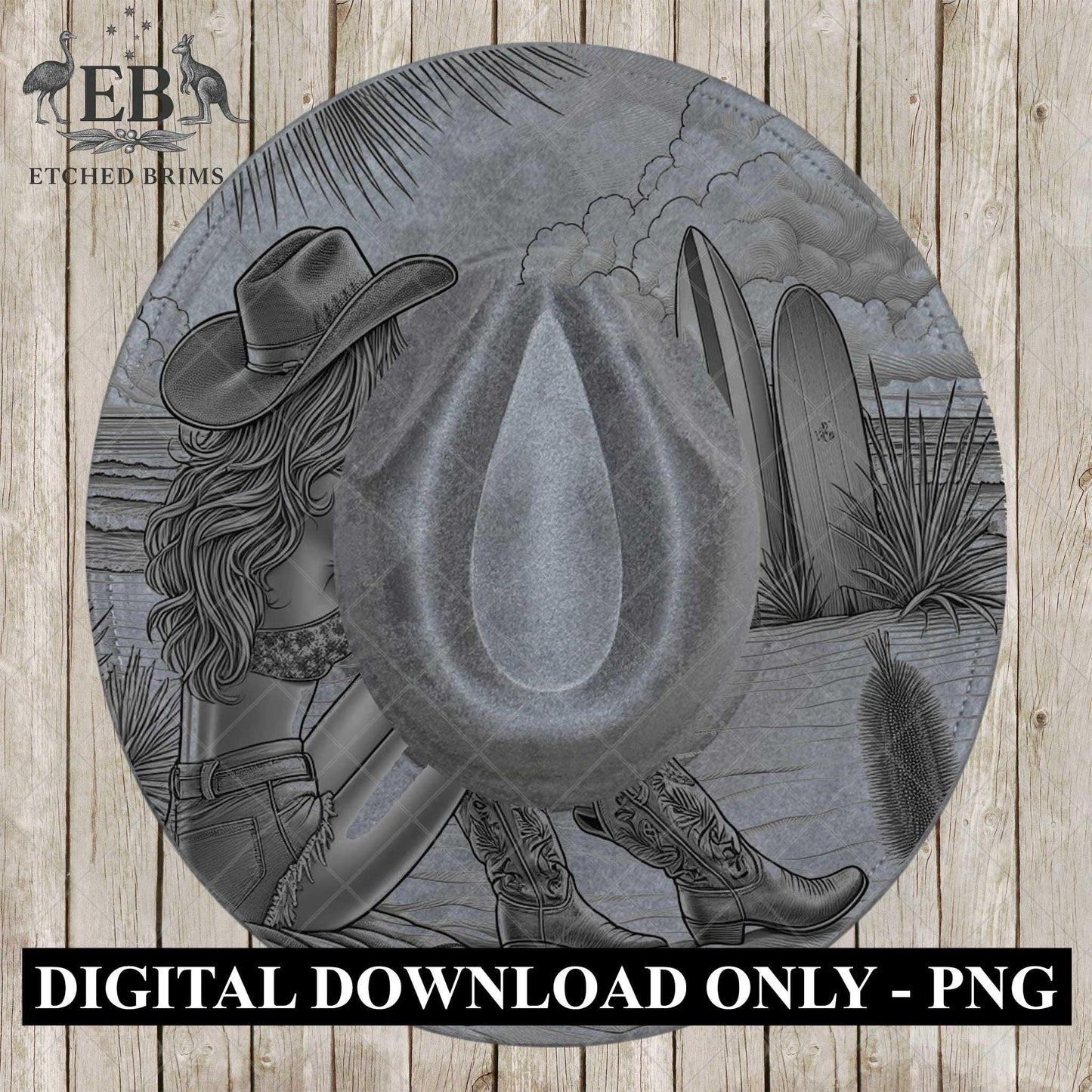 Beach Cowgirl Surfboard 7, Hat Burning Design, Digital Download PNG, Hand Burning Template, Hat Laser Engraving Design, Wide Brim Hat, EB594