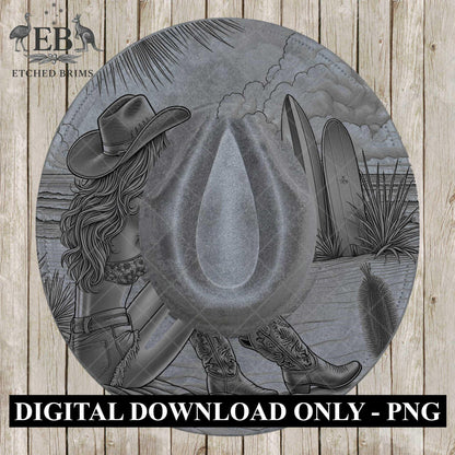 Beach Cowgirl Surfboard 7, Hat Burning Design, Digital Download PNG, Hand Burning Template, Hat Laser Engraving Design, Wide Brim Hat, EB594