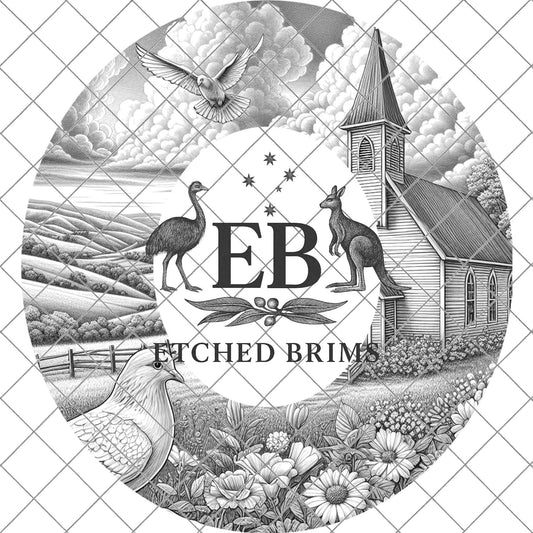 Country Church & Wildflowers, Hat Burning Design, Religious Faith, Digital Download PNG, Laser Engraving Design, Wide Brim Hat File, EB661