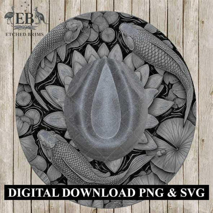 Koi Fish & Waterlillies 3, Hat File, Hat Burning Design, Digital Download PNG, PDF, Hat Burning Template, Hat Laser Engraving Design, EB485