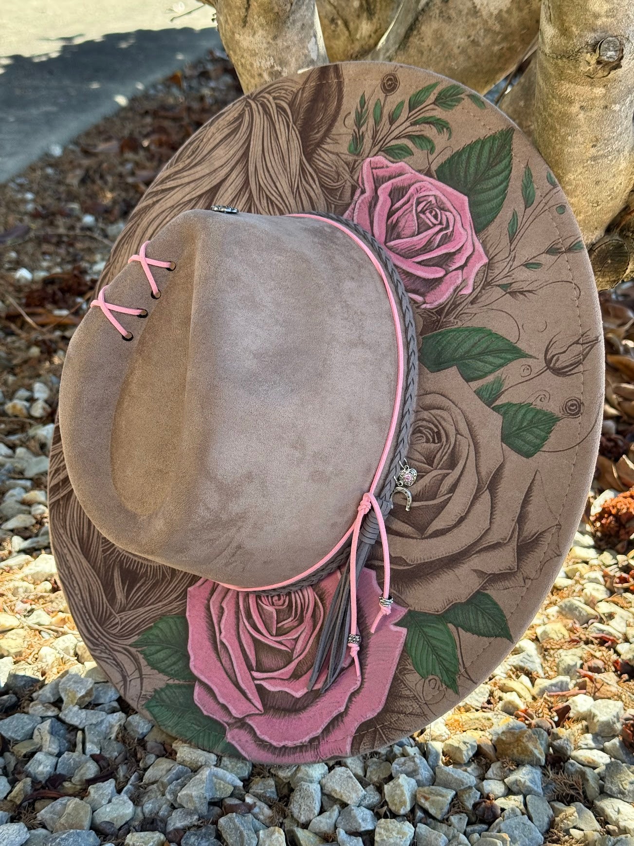Wild Rose - EXCLUSIVE - Horse Engraved Wide Brim Hat, Vegan Suede Fedora Hat, Laser Engraved, Cowboy Hat, Burned Fedora, Cowgirl Design