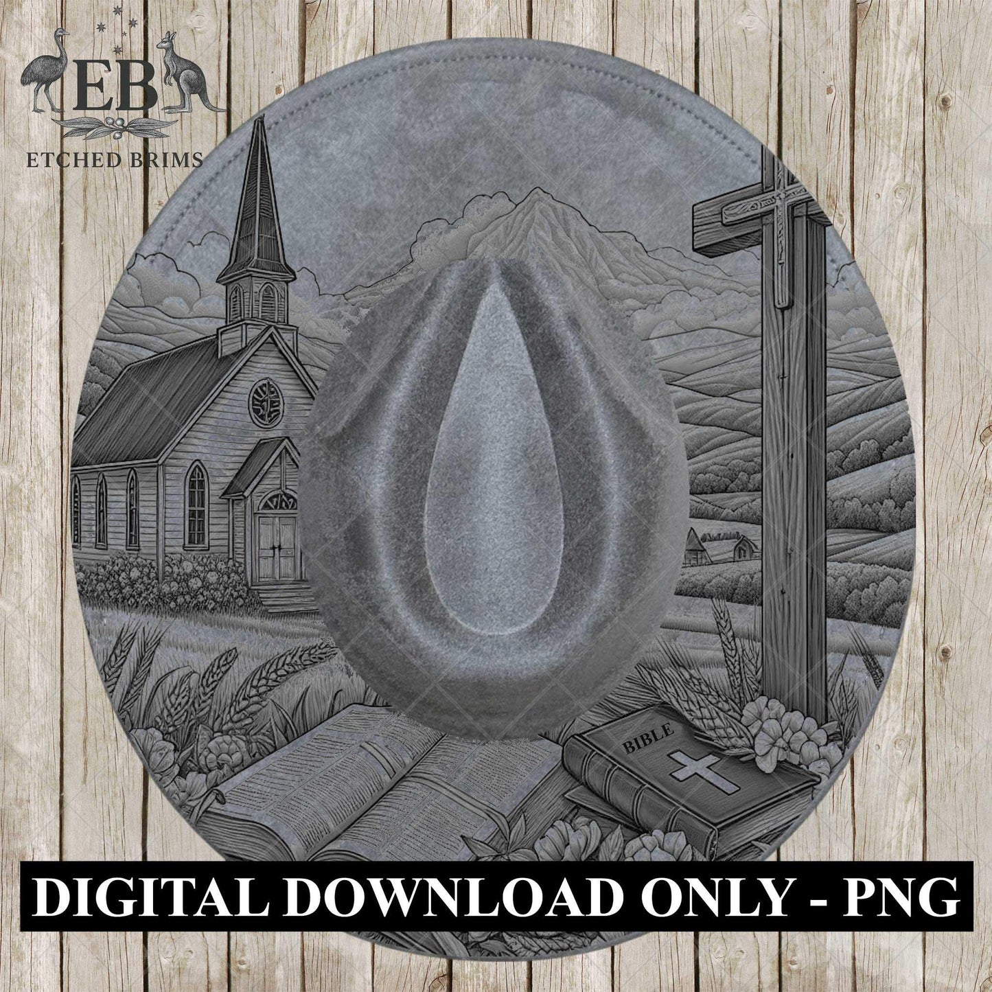 Country Church & Wildflowers, Hat Burning Design, Religious Faith, Digital Download PNG, Laser Engraving Design, Wide Brim Hat File, EB662