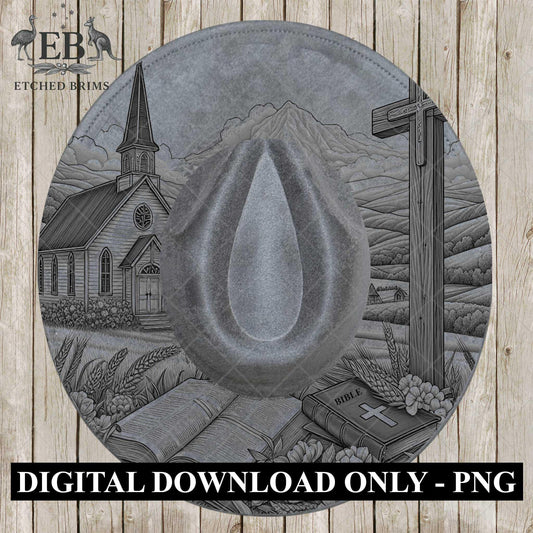 Country Church & Wildflowers, Hat Burning Design, Religious Faith, Digital Download PNG, Laser Engraving Design, Wide Brim Hat File, EB662