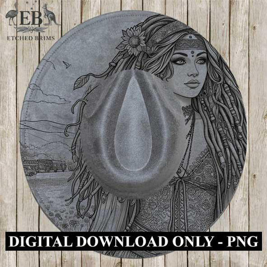 Hippy Woman 16, Boho Hippie, Laser Hat Burning Design,Digital Download PNG, Hat Burning Template, Hat Laser Engraving Design, Hat File EB155
