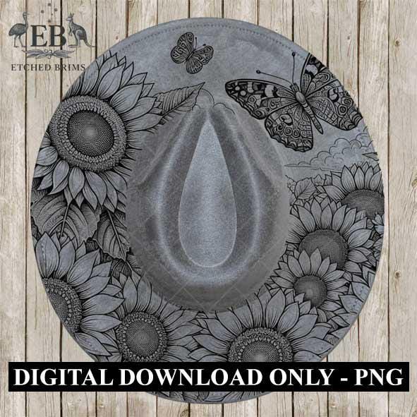 Sunflowers & Butterfly, Hat Burning Template, Hat Burning Stencil, Hat Laser Engraving Design, Wide Brim Hat, Printable Hat Template, EB578