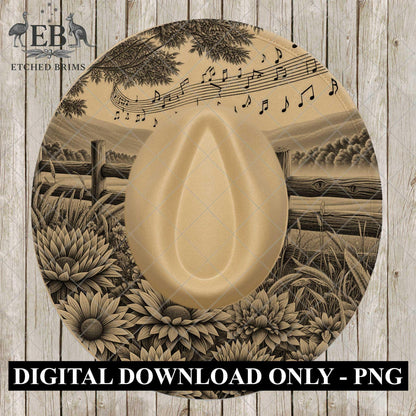 Wildflowers & Music Notes, Hat Burning Design, Wide Brim Hat Template, Burned Hat Templates, Hat Engraving Design, PNG PDF, EB1055