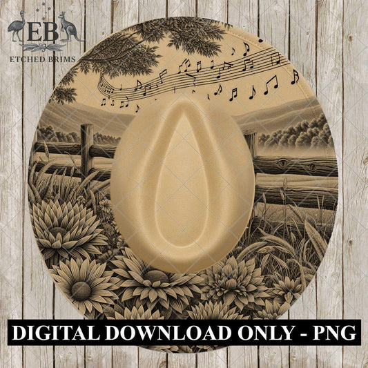 Wildflowers & Music Notes, Hat Burning Design, Wide Brim Hat Template, Burned Hat Templates, Hat Engraving Design, PNG PDF, EB1055