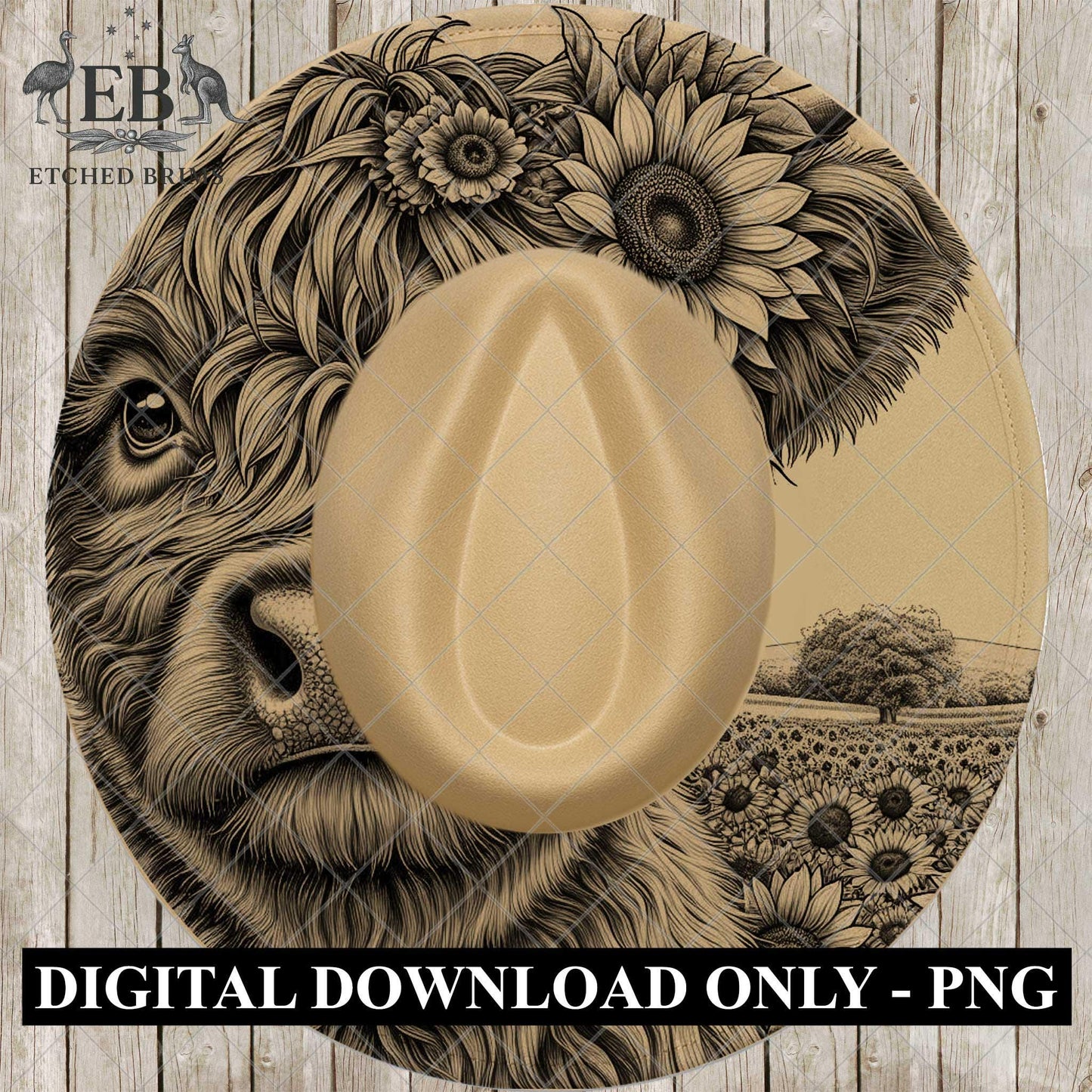 Highland Cow & Sunflowers, Hat Burning Design, Hat Engraving Template, Laser Hat Design, Wide Brim Hat Design, PNG, EB860